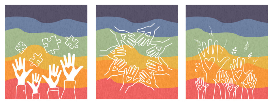 Set of hands on rainbow background. Modern design.