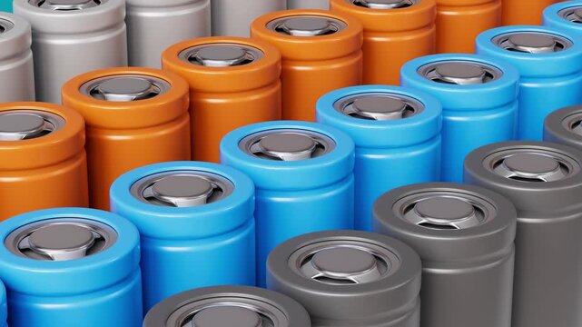 Rows of High-Capacity 3D Lithium-Ion Battery Cells. Type 18650 Blue, orange, black and gray rechargeable lithium-ion battery.