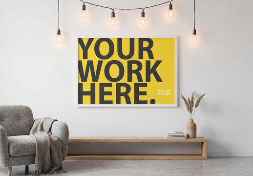 White horizontal poster frame mockup in modern interior