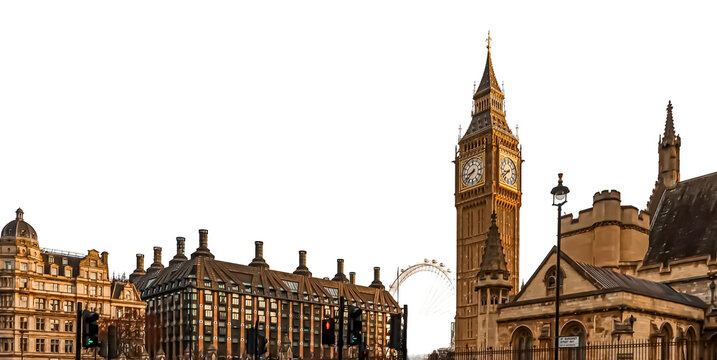 PNG Big Ben clock tower and Houses of Parliament with London Eye in background on transparent PNG