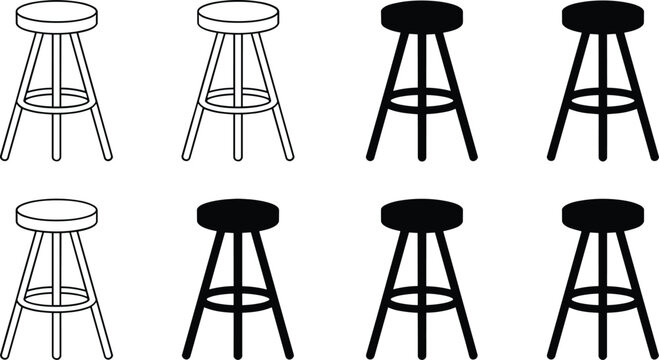 Vector illustration of eight stools with round seats, three legs, and circular footrests shown in outline and solid silhouette styles
