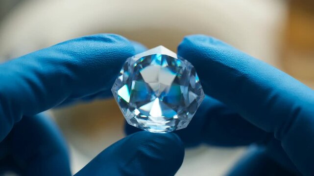 Blue-gloved hands rotate a large, faceted gemstone, displaying its stunning clarity and vibrant fire as light dances across its precision-cut surfaces in a sterile environment.