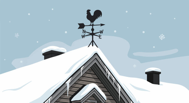 A rooster weather vane tops a snow-covered roof with icicles and chimneys, under a falling snow sky