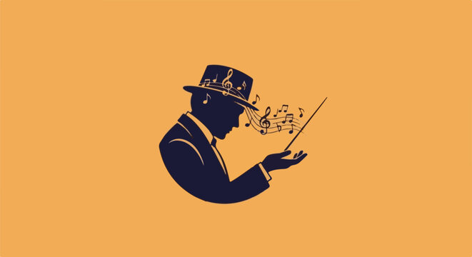 A silhouette of a man in a hat and suit conducting music