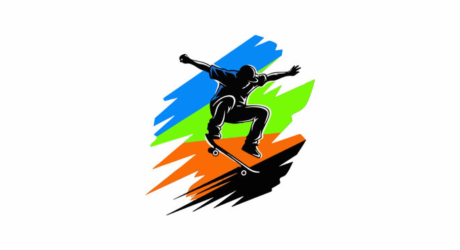 A silhouette of a skateboarder performing a trick against a vibrant, abstract background