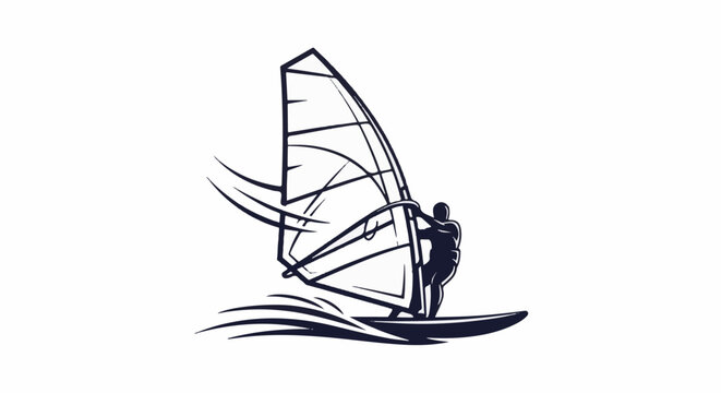 A silhouette of a windsurfer on a board, with a large sail and stylized waves