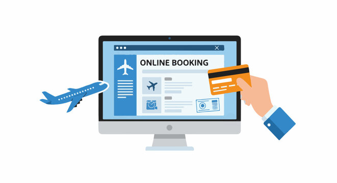 A computer screen displays an online booking interface with flight options, while a hand holds a credit card for payment