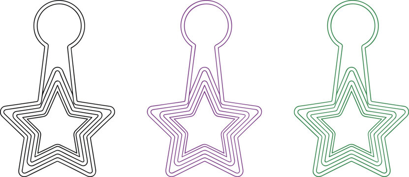 Vector illustration of three geometric pendant designs with circular tops and five‑pointed star bases in black, purple, and green colors