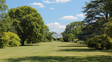Fototapeta premium Historic white house standing at end of expansive green lawn, surrounded by lush trees under a summer blue sky