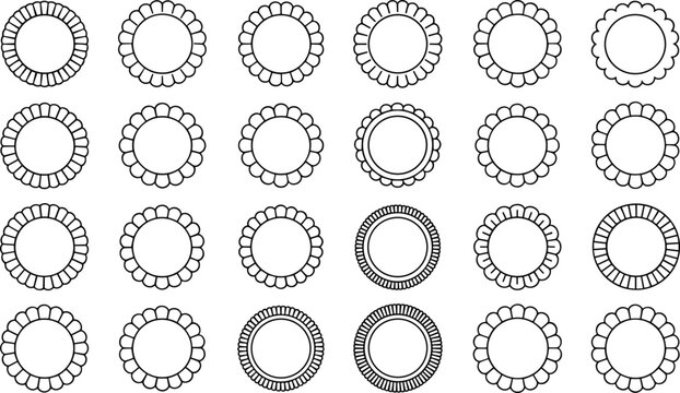 Vector illustration of twenty‑five decorative circular patterns with petal borders and striped outlines arranged in symmetrical ornamental grid