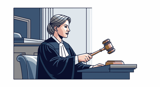 A dignified judge in robes, holding a gavel over a sounding block, signifies a legal proceeding