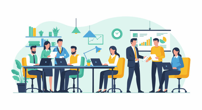 A diverse team collaborates in a modern office, discussing charts on a projector screen