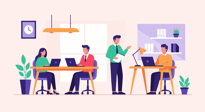 A modern office scene with people working at desks and a supervisor presenting