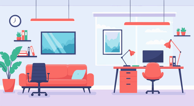 A modern office-living space with a couch, desk, plants, and art