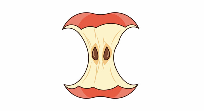 A cartoon illustration of a partially eaten apple core, showing seeds