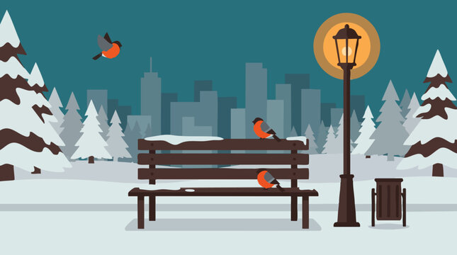 Flat Design Winter Park Scene with Bullfinches, Bench, and City Skyline