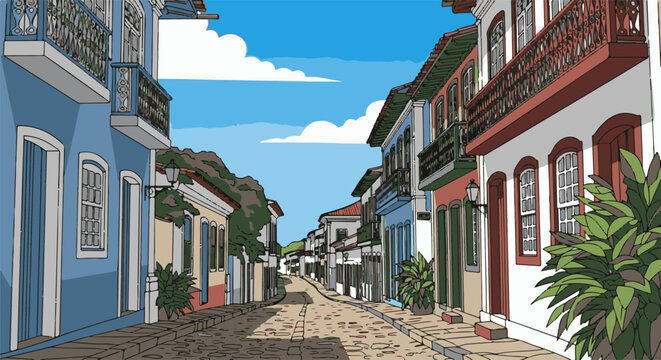 A charming, colorful cobblestone street winds between historic buildings under a bright blue sky