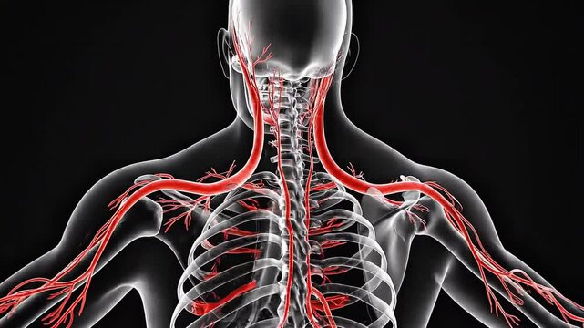 Advanced anatomy scan combining nervous system and blood vessels, glowing network intertwined, electric pulses traveling along vessels, side angle camera orbit, futuristic science visualization