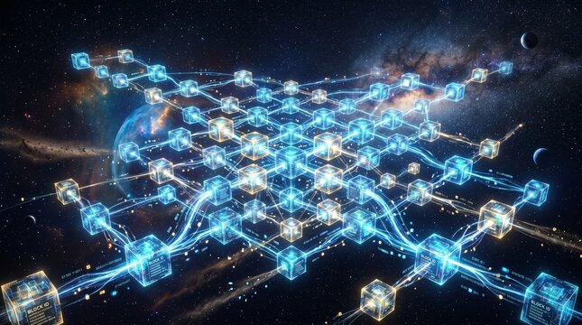 Interconnected network of glowing blue cubes in cosmic space, representing data transfer