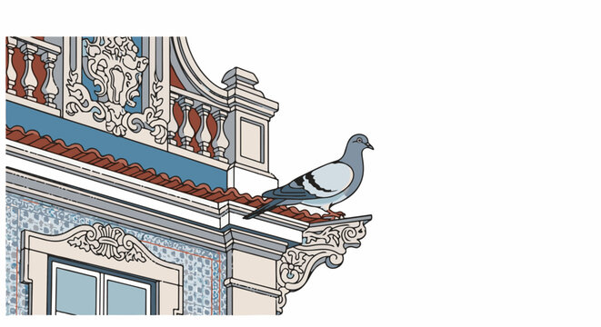 A pigeon perches on a detailed, ornamental building ledge under a clear sky