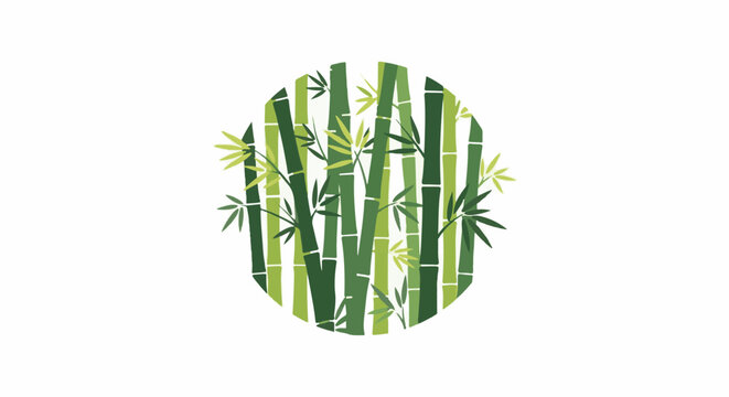 A circular motif of varying green bamboo stalks and leaves against a white background