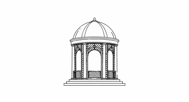 A classic garden gazebo with a domed roof, ornate pillars, and decorative lattice work, set against a white background