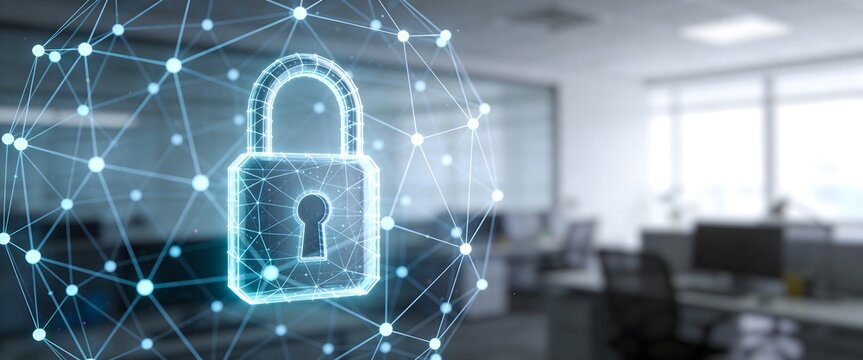 Digital security lock embedded in glowing network grid representing cybersecurity and data protection