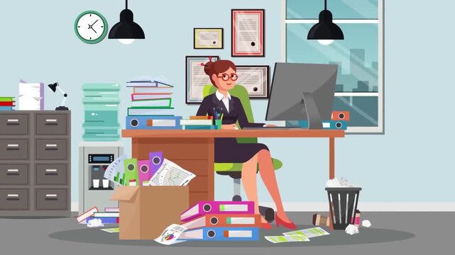 Stressed Female Secretary Sitting at Desk Surrounded by Piles of Paperwork and Files in Busy Office 2D Animation