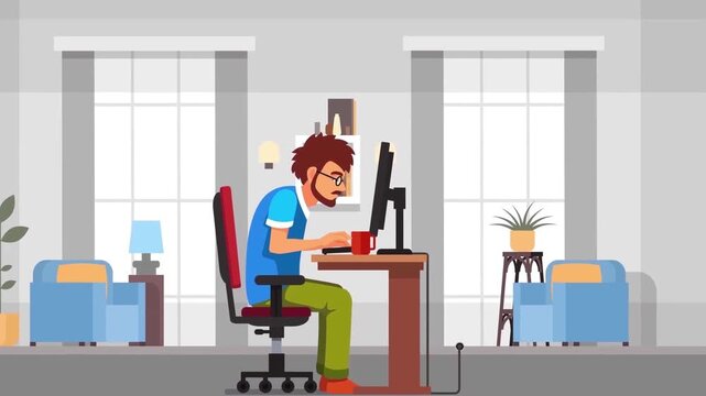 Man Sitting at Desk in Living Room Focused on Computer Screen Gaming or Working Late 2D Animation