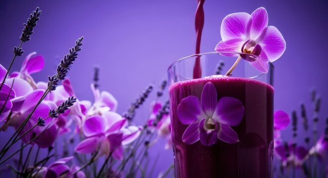 Fresh purple juice with flowers decoration.