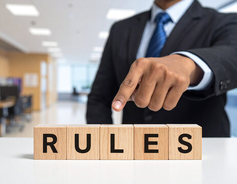 Rules - Geschäftsmann zeigt auf den Text "Rules"