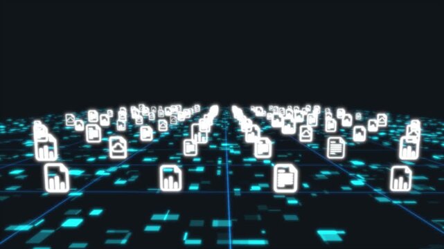Digital Documents Grid: An array of document icons floats across a glowing digital grid, symbolizing the interconnectedness and flow of information in the digital age.