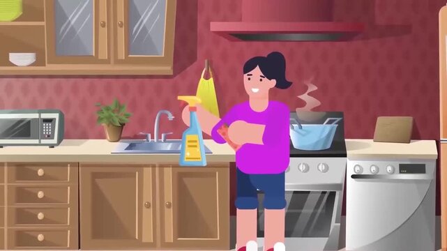 Woman Cleaning Kitchen Counter with Spray Bottle and Cloth Housework and Domestic Routine 2D Animation