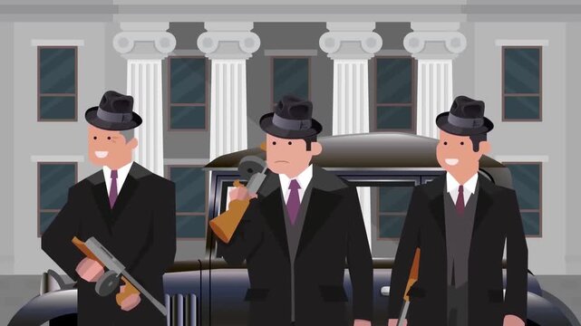 Mafia Gangsters with Machine Guns Standing by Classic Vintage Car Organized Crime Concept 2D Animation