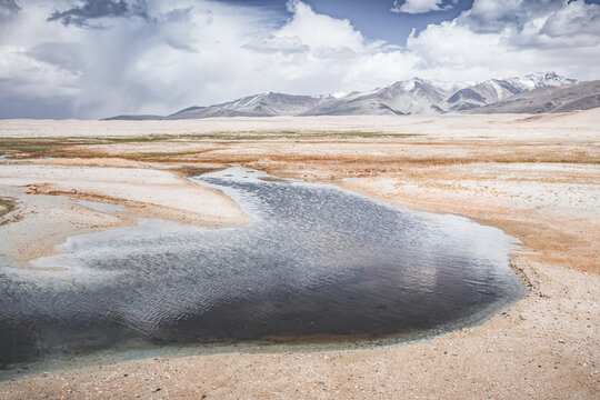 High in the Pamir Mountains of Tajikistan, a river flows along a raft with grassy banks against a backdrop of snow-capped mountain peaks. A panoramic view of the Tien Shan highlands