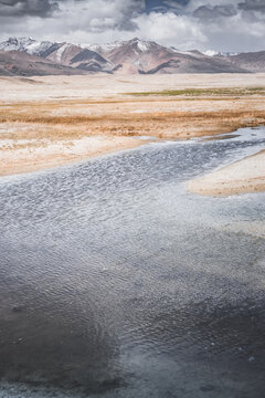 High in the Pamir Mountains of Tajikistan, a river flows along a raft with grassy banks against a backdrop of snow-capped mountain peaks. A panoramic view of the Tien Shan highlands