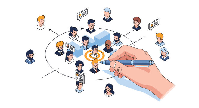 Human resources professional selects the ideal candidate from a diverse talent pool using a pen to circle a specific individual.