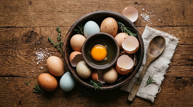 Assorted eggs in a bowl with sprigs of rosemary on rustic wooden surface