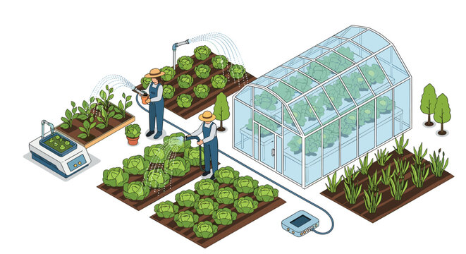 Isometric illustration of workers using manual and automated irrigation systems to water vegetable crops in a garden and a greenhouse.