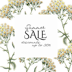 Frame template with branch of yarrow in watercolor illustration style. Botanical floral banner. Invitation with wildflowers. Print with medicinal plants © Viktoriia Holovko