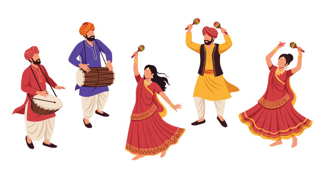Diverse group of Indian folk dancers and musicians in traditional colorful attire performing with drums and maracas on a clean white background.