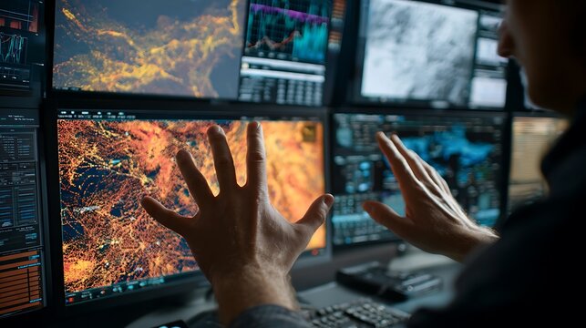 Persons hands interacting with multiple screens displaying complex data and graphics in a control room setting.
