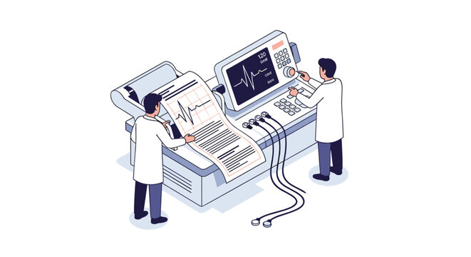 Two doctors monitoring a large medical device printing out heart rhythm charts, symbolizing advanced healthcare and professional diagnostic testing.