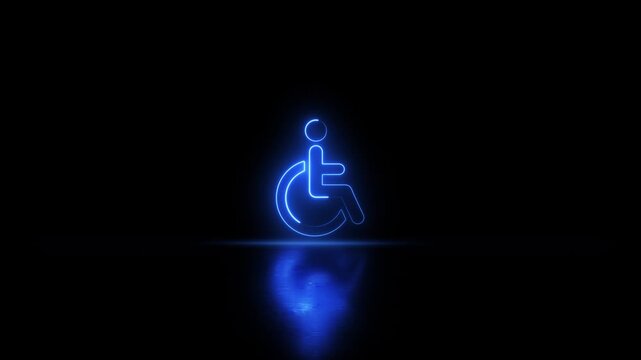 Neon glowing Wheelchair user sign video animation. Neon Disability person line icon animation. Hotel service symbol concept. wheelchair access icon animation
