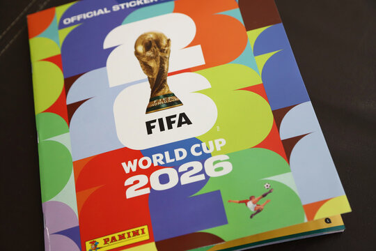 FIFA World Cup 2026. Cover of the official sticker collection. Panini Group. Collectible figurines album. Soccer World Cup
