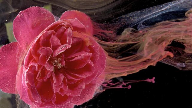 Pink bloom gliding through tinted water, long trailing pigment and tiny bubbles, beauty product mood shot with floral focus and soft studio lighting