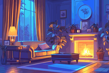 Obraz premium Cozy evening living room with fireplace, sofa, lamp, flowers, paintings, house, interior, carpet, table, home, window, night, rest, vector illustration