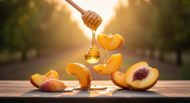 Honey drizzled on sliced peaches outdoors.