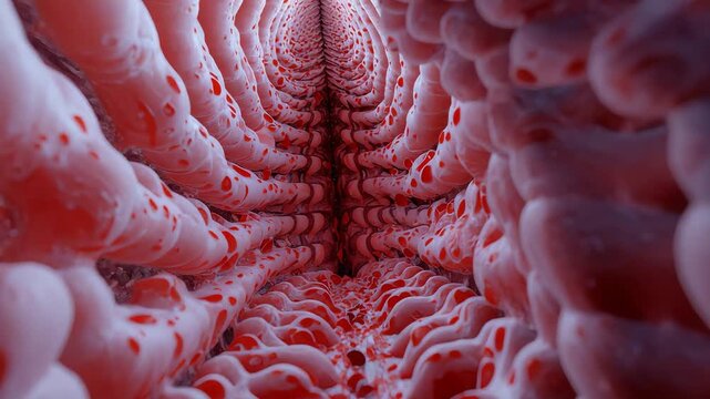 Microscopic intestinal tissue with red villi surface and digestive tract texture for gastroenterology, gut health, biology, and medical research