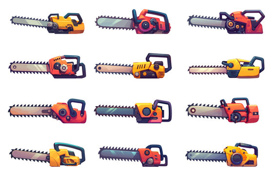 Set of cartoon chainsaws of different designs and shapes, logging tool, sawing logs, modern tool, cutting, handle, plastic, metal, mechanism, engine, vector illustration
